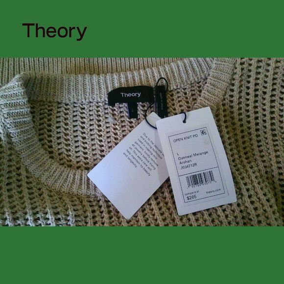 THEORY NEW Scandinavian OATMEAL MELANGE Allover Mesh Rib Trim Knit Sweater L - Picture 5 of 11